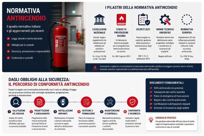Percorso di conformità alla normativa antincendio per aziende con valutazione rischio, progettazione, installazione impianti, formazione, manutenzione e documenti obbligatori